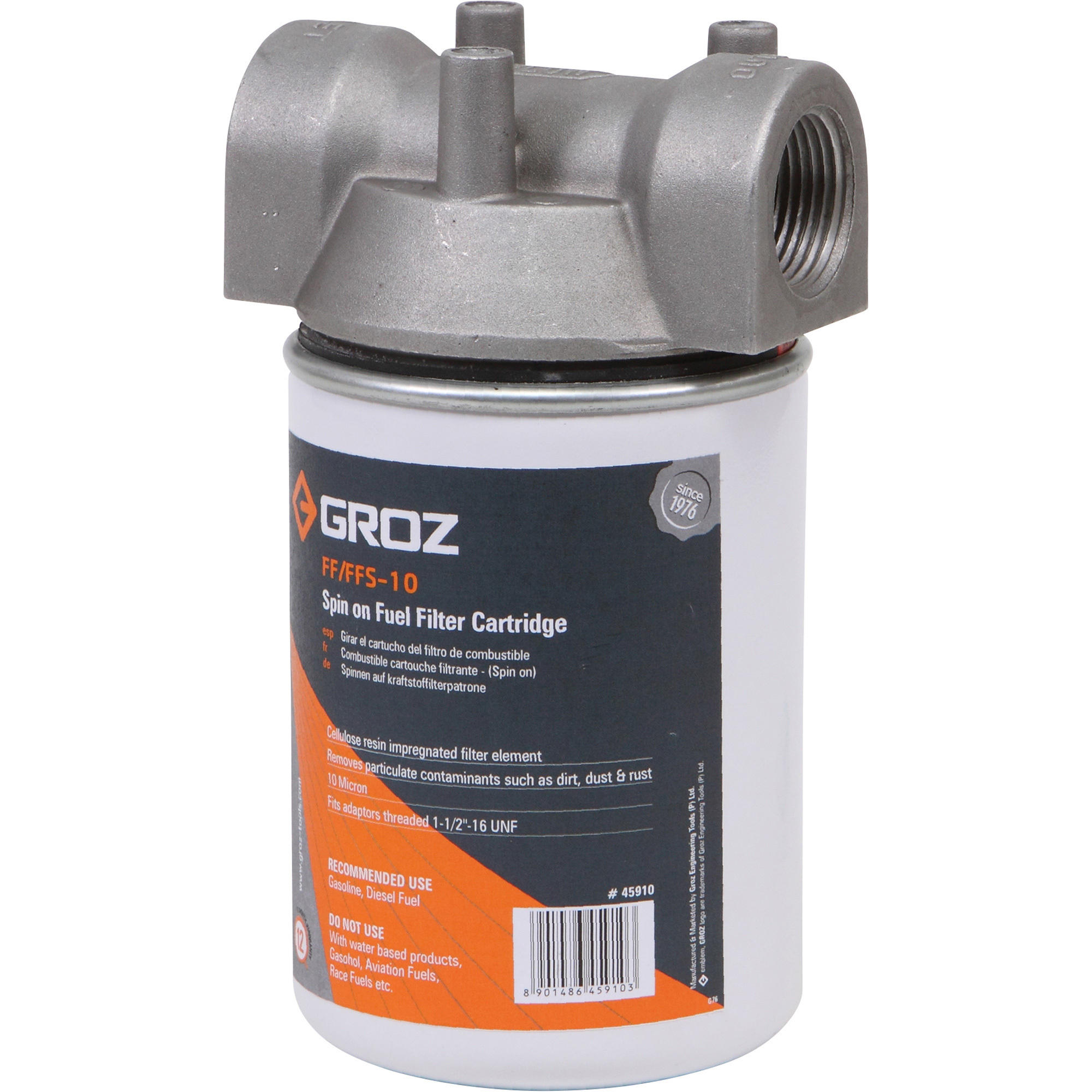 GROZ Fuel Filter with Spin On Cartridge, 10 Micron, 20 GPM, 3/4in. NPT Thread, Model# FFS/10WB/3-4/N